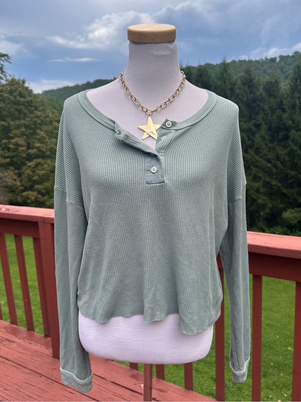 American Eagle Outfitters Sage Green Waffle Knit Long Sleeve Henley